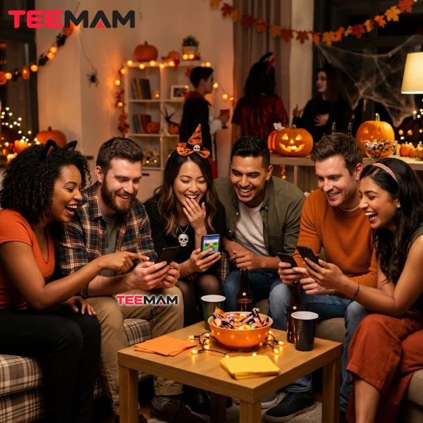 Friends Sharing Halloween Memes at a Party