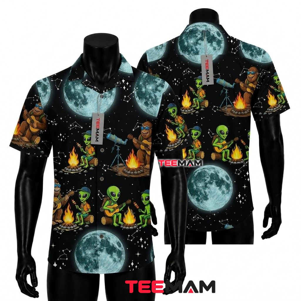 Alien Hawaiian Shirt Bigfoot Campfire Moon Front