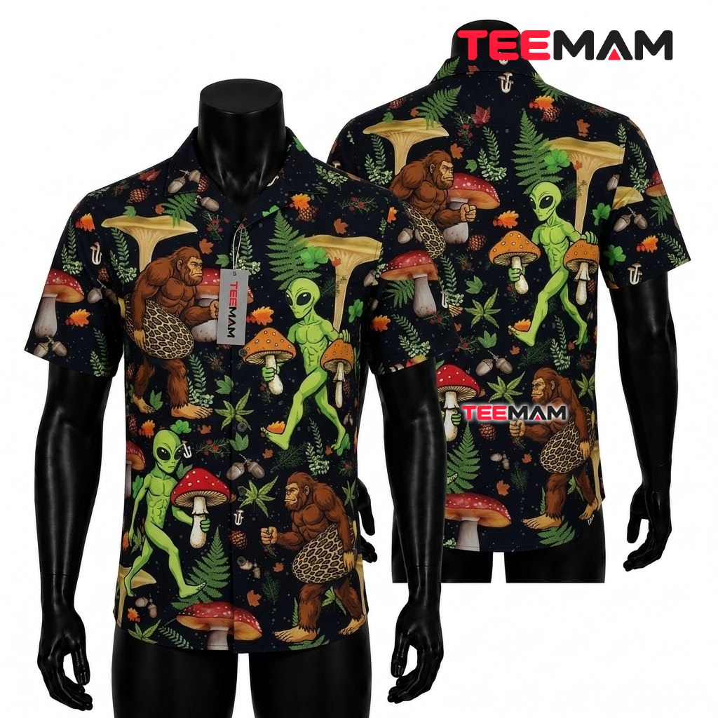 Alien Hawaiian Shirt Bigfoot Forest Mushroom Front