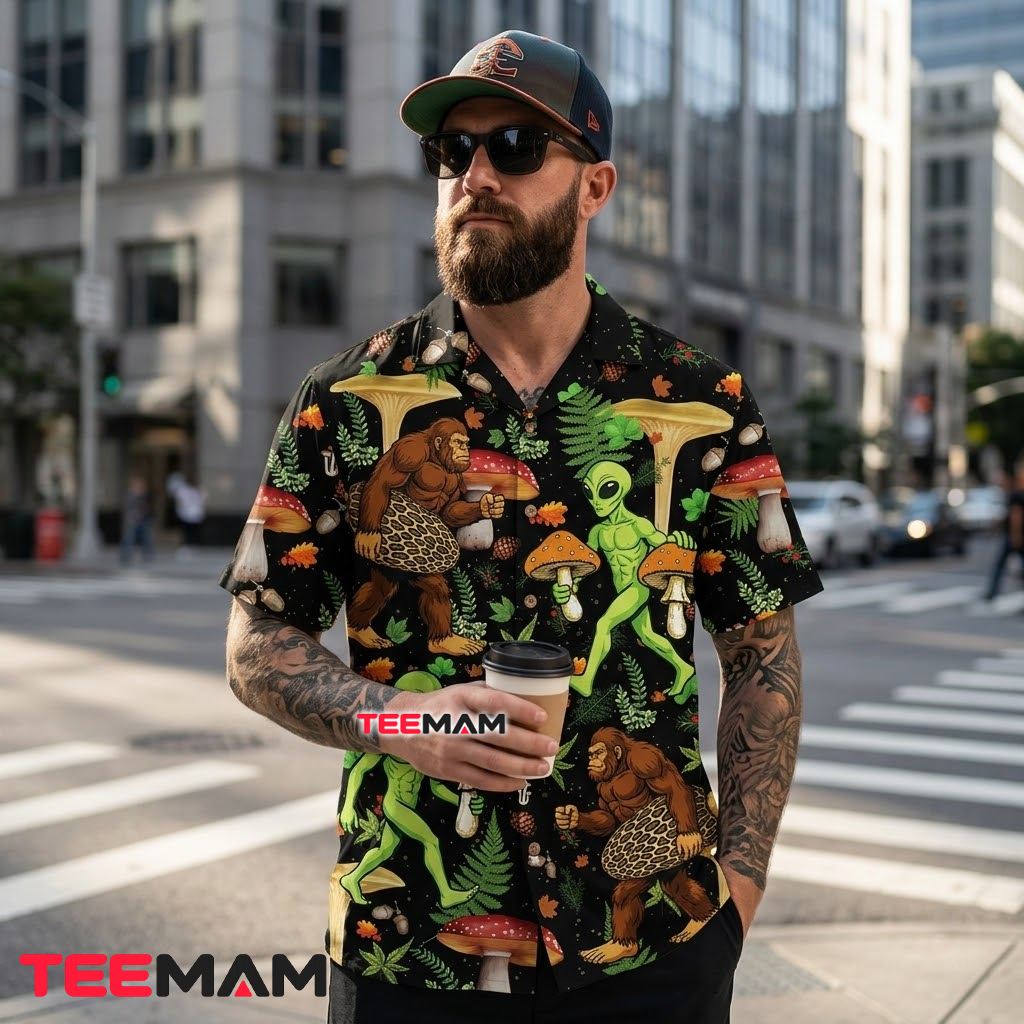 Alien Hawaiian Shirt Bigfoot Forest Mushroom Back Alien Hawaiian Shirt Bigfoot Forest Mushroom Back