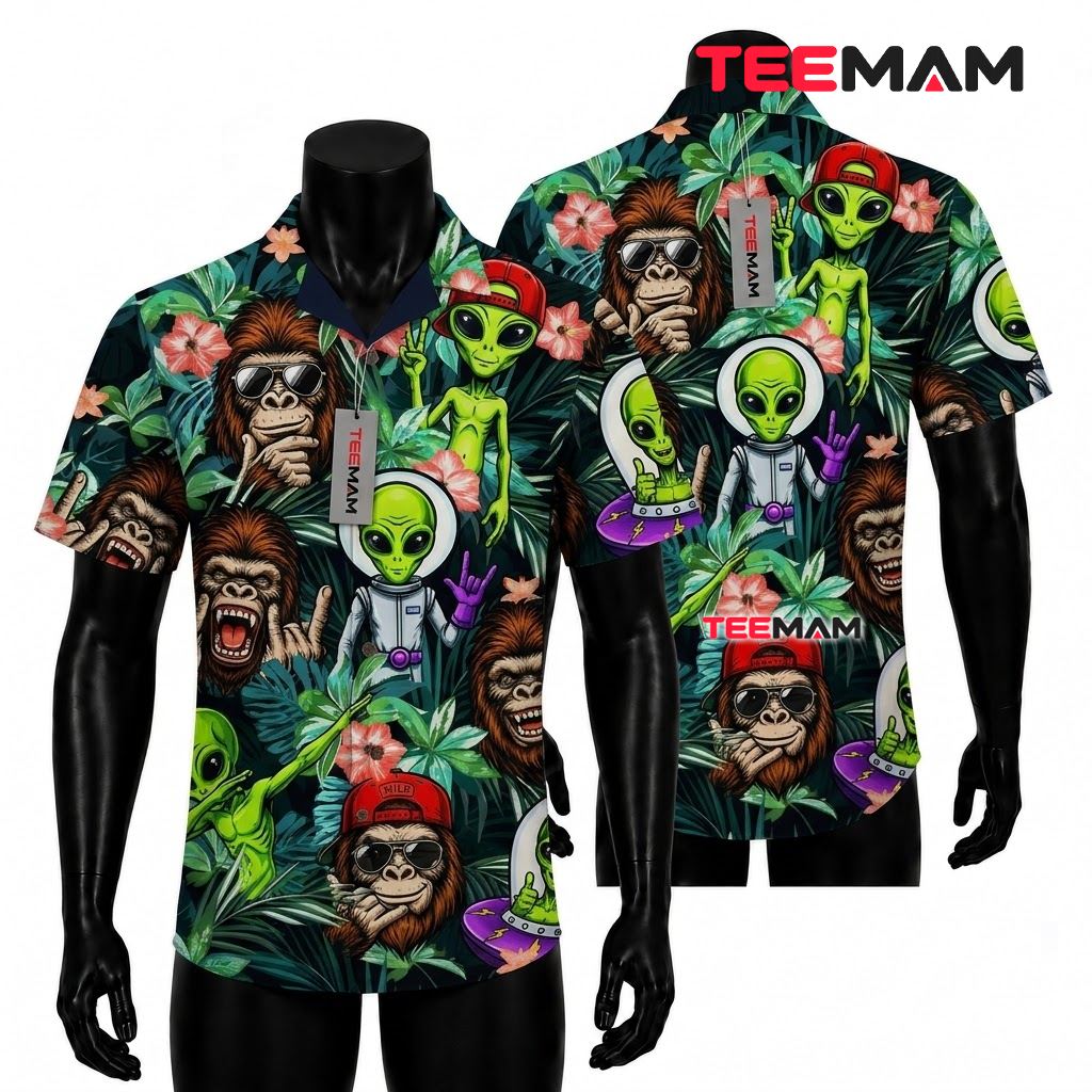 Alien Hawaiian Shirt Bigfoot Tropical Floral Front