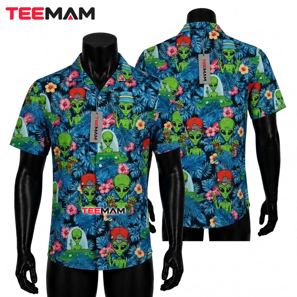 Alien Hawaiian Shirt Blue Hibiscus Cap Front