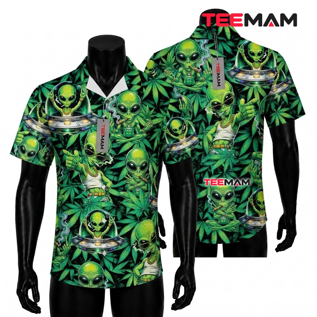 Alien Hawaiian Shirt Cannabis Leaf Green Print Front