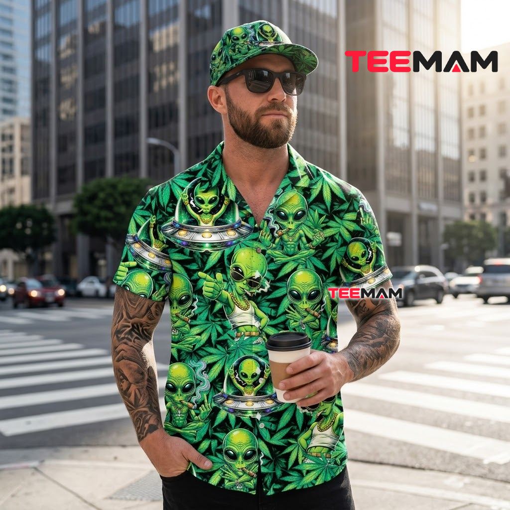 Alien Hawaiian Shirt Cannabis Leaf Green Print Back Alien Hawaiian Shirt Cannabis Leaf Green Print Back