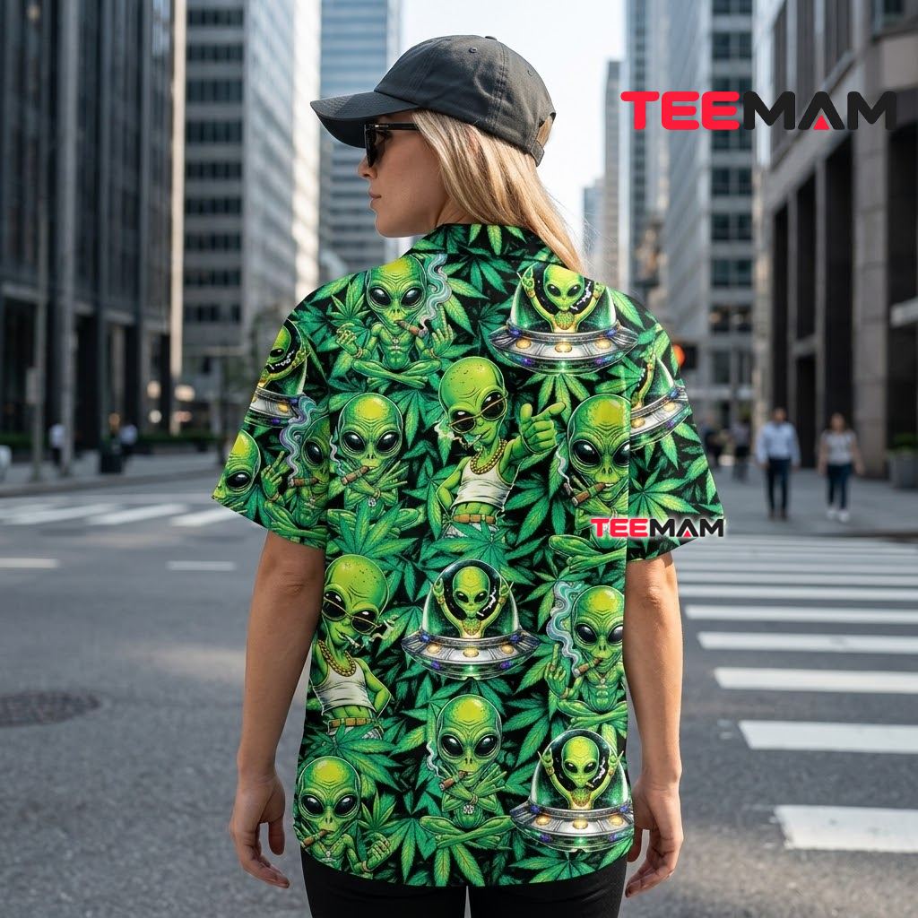 Alien Hawaiian Shirt Cannabis Leaf Green Print Version 3 Alien Hawaiian Shirt Cannabis Leaf Green Print Version 3