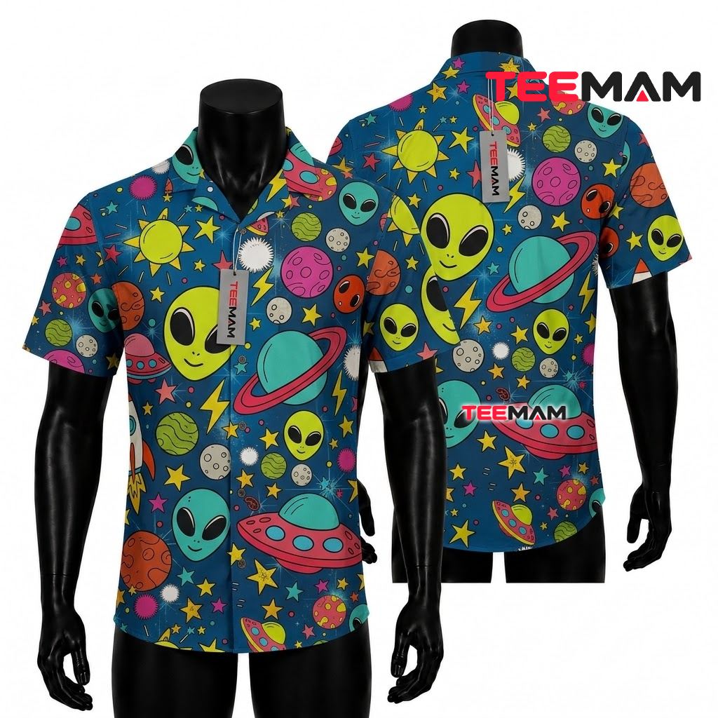 Alien Hawaiian Shirt Colorful Cartoon Planet Front