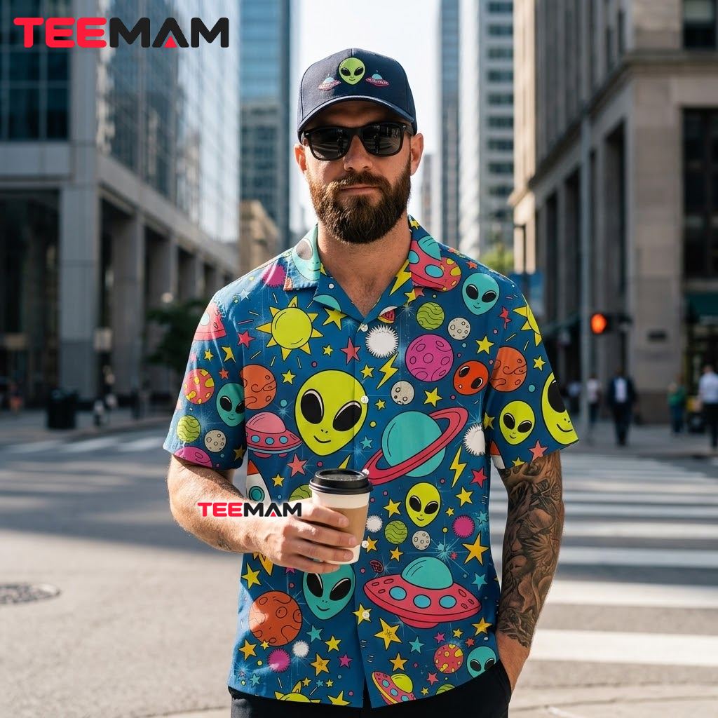 Alien Hawaiian Shirt Colorful Cartoon Planet Back Alien Hawaiian Shirt Colorful Cartoon Planet Back