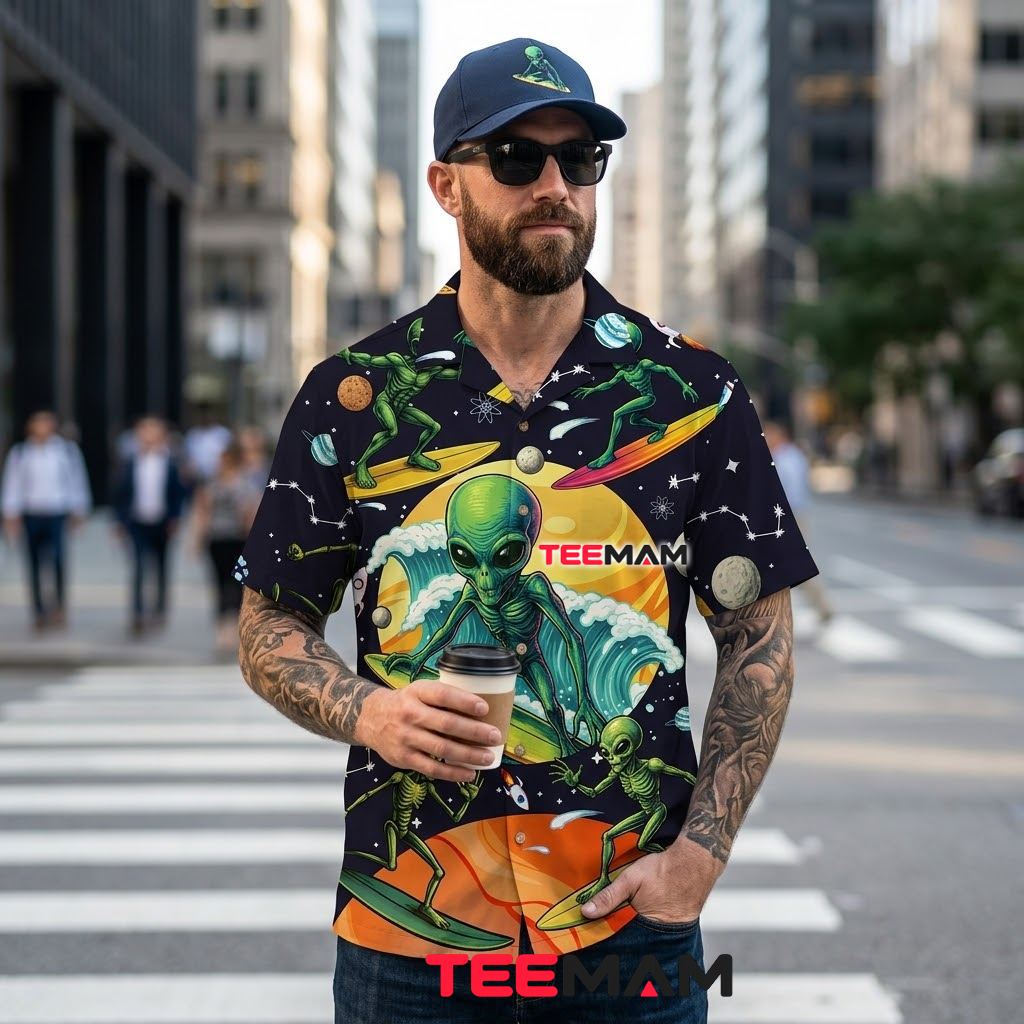 Alien Hawaiian Shirt Cosmic Surfing Planet Back Alien Hawaiian Shirt Cosmic Surfing Planet Back