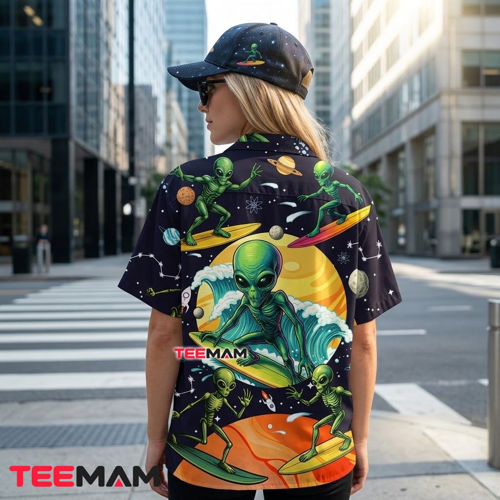 Alien Hawaiian Shirt Cosmic Surfing Planet Version 3 Alien Hawaiian Shirt Cosmic Surfing Planet Version 3