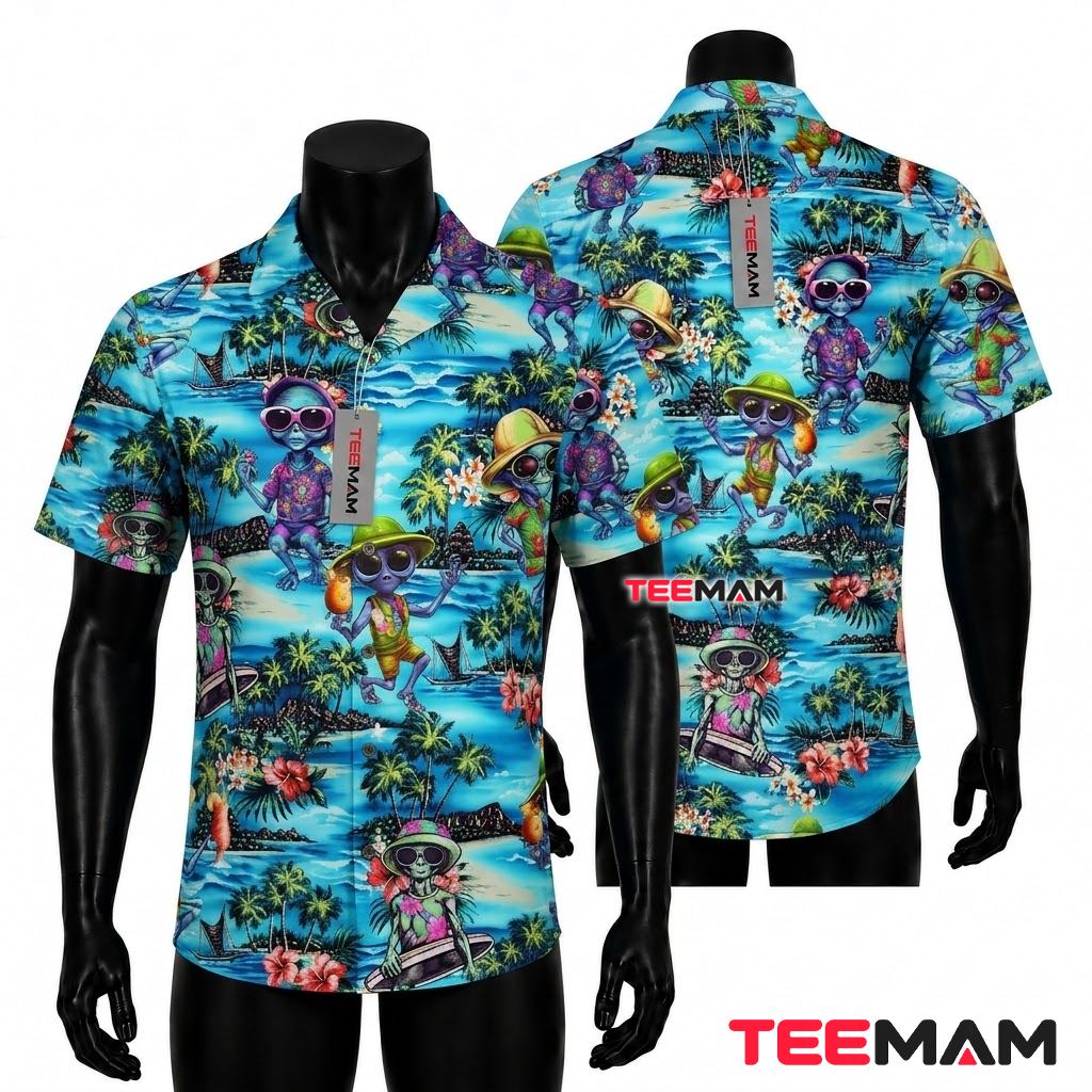 Alien Hawaiian Shirt Island Vacation Blue Front