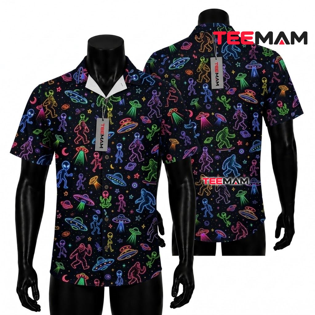 Alien Hawaiian Shirt Neon Bigfoot UFO Front