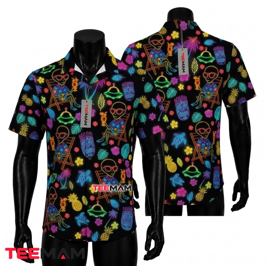 Alien Hawaiian Shirt Neon Tiki Beach Front