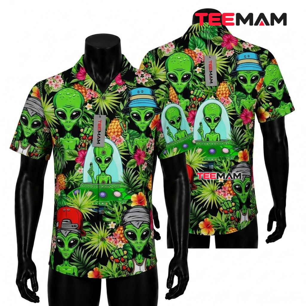 Alien Hawaiian Shirt Pineapple Hibiscus Jungle Front