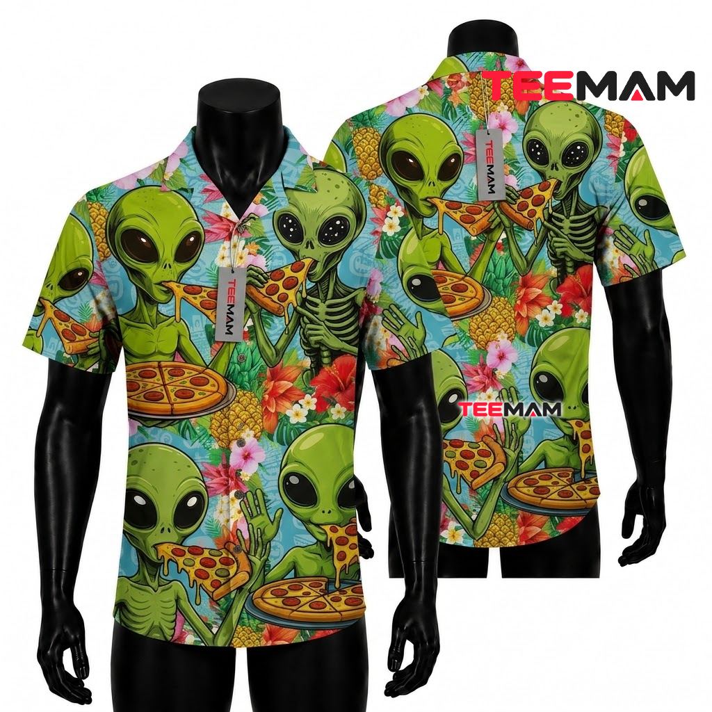 Alien Hawaiian Shirt Pizza Party Tropical Front