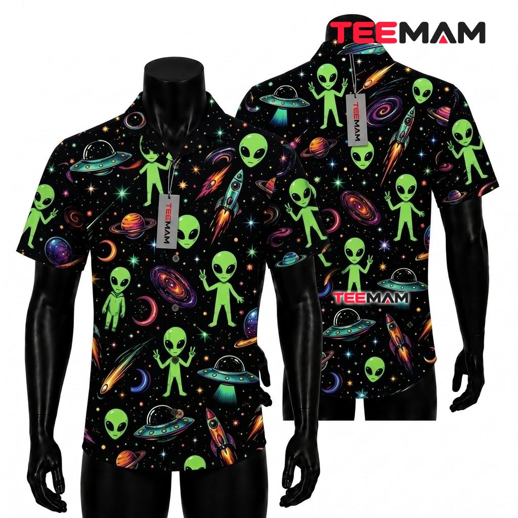 Alien Hawaiian Shirt Rocket Galaxy Black Space Front