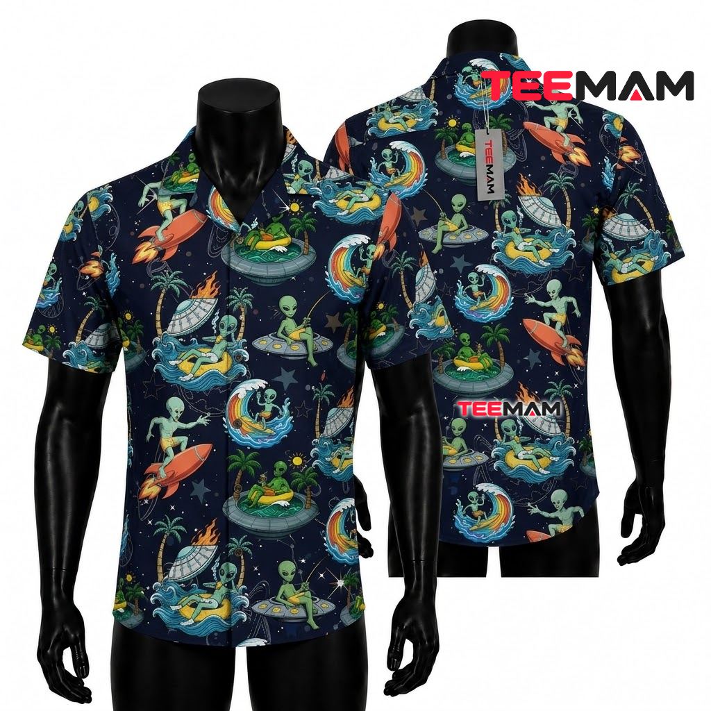 Alien Hawaiian Shirt Rocket Island Rainbow Front