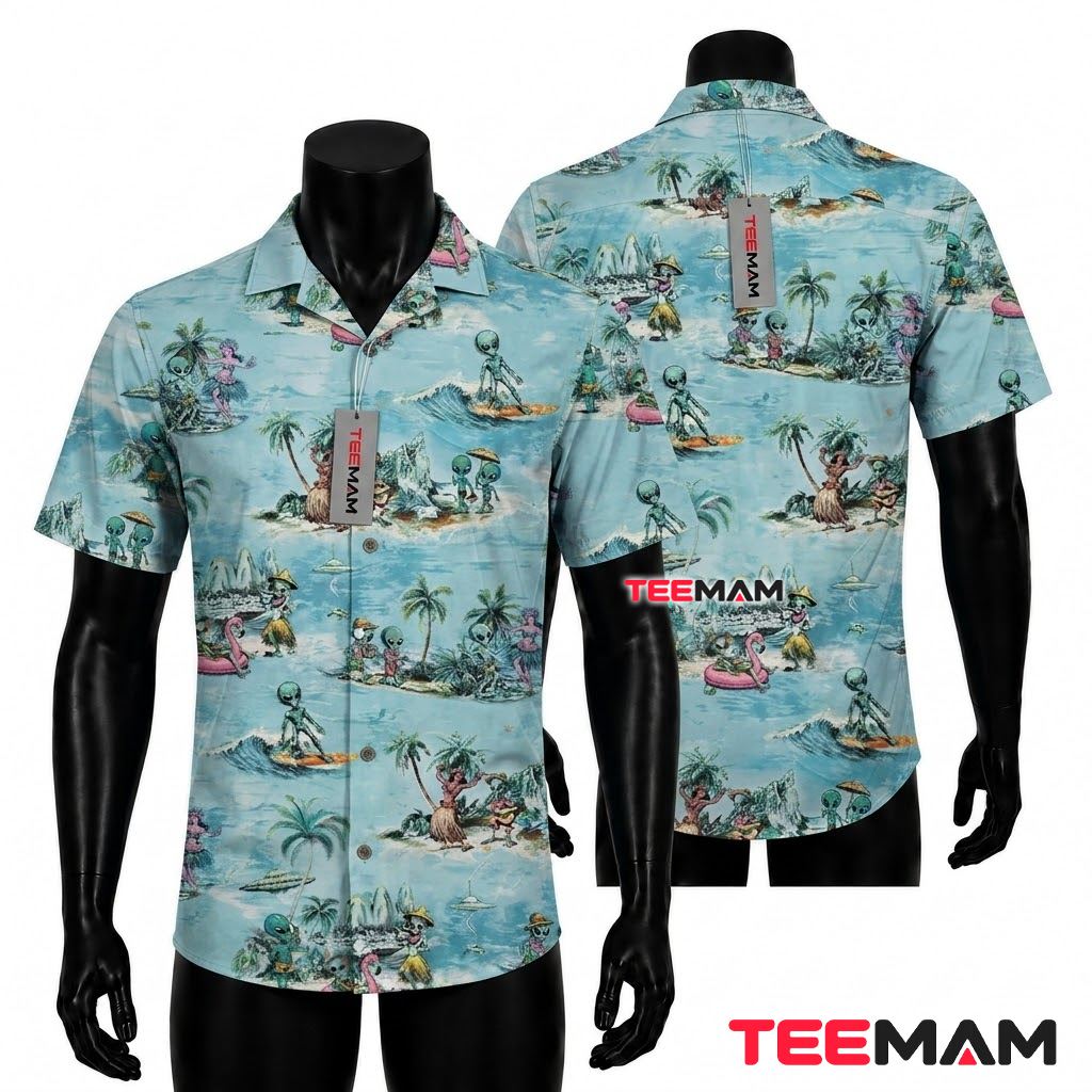 Alien Hawaiian Shirt Surfing Beach Blue Print Front