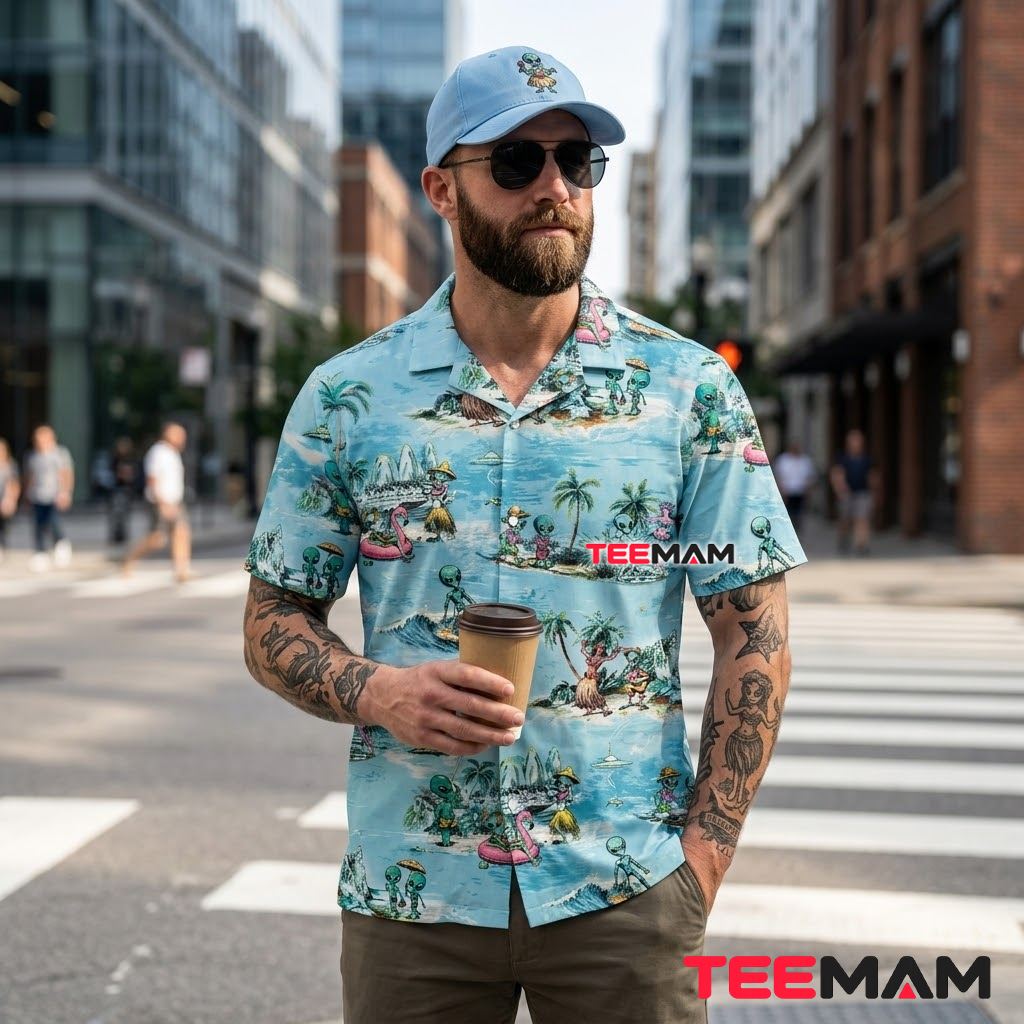 Alien Hawaiian Shirt Surfing Beach Blue Print Back Alien Hawaiian Shirt Surfing Beach Blue Print Back