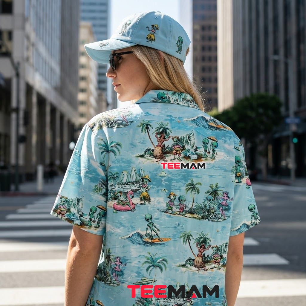 Alien Hawaiian Shirt Surfing Beach Blue Print Version 3 Alien Hawaiian Shirt Surfing Beach Blue Print Version 3