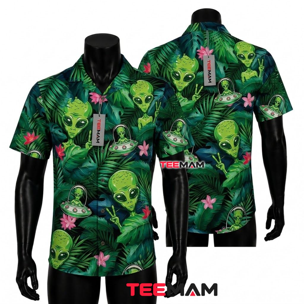 Alien Hawaiian Shirt Turquoise Rocket Doodle
