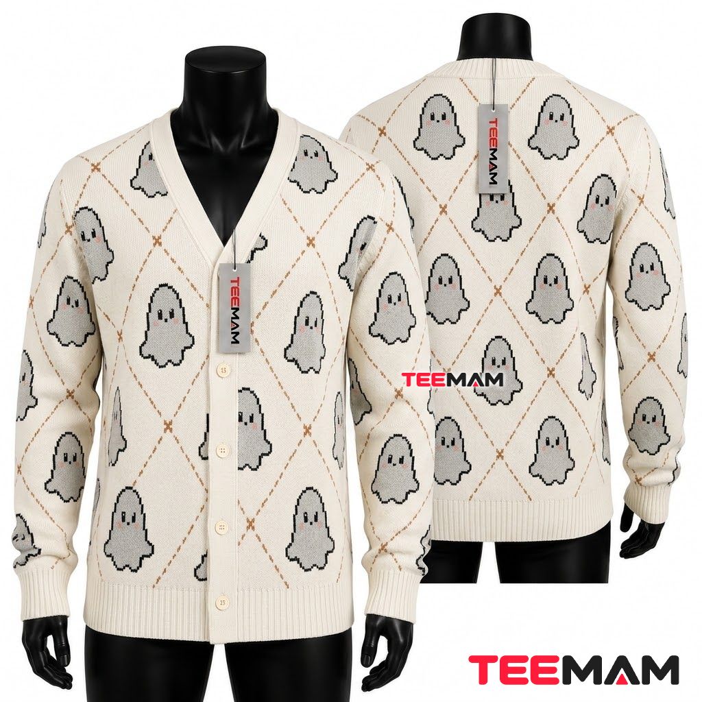 Argyle Halloween Cardigan Ghost Print Cozy 1
