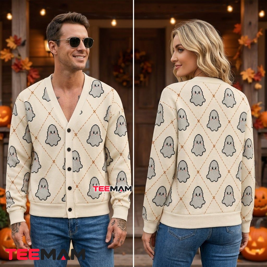 Argyle Halloween Cardigan Ghost Print Cozy 2 Argyle Halloween Cardigan Ghost Print Cozy 2