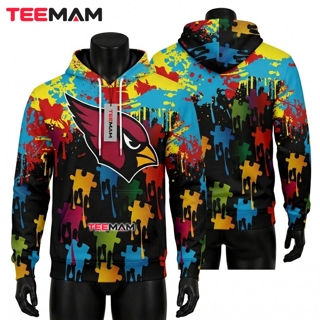 Arizona Cardinals 3D Hoodie Autism Awareness Paint Splatter Front