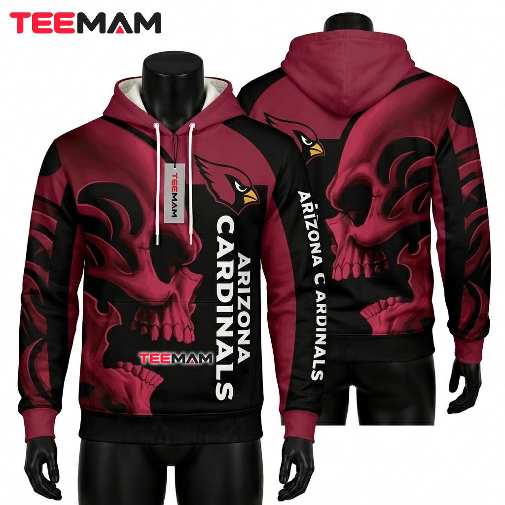 Arizona Cardinals 3D Hoodie Flame Skull Wood Panel Front