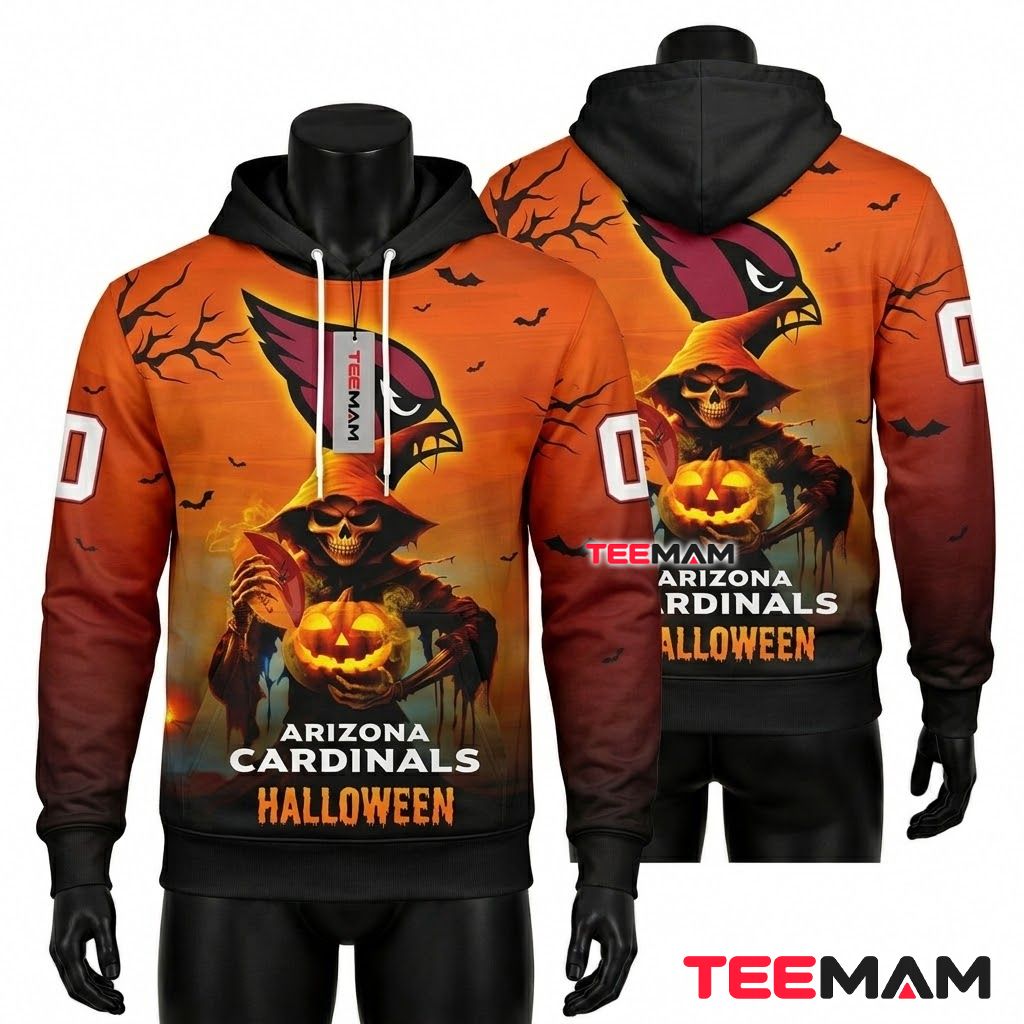 Arizona Cardinals 3D Hoodie Halloween Skull Reaper Pumpkin Front