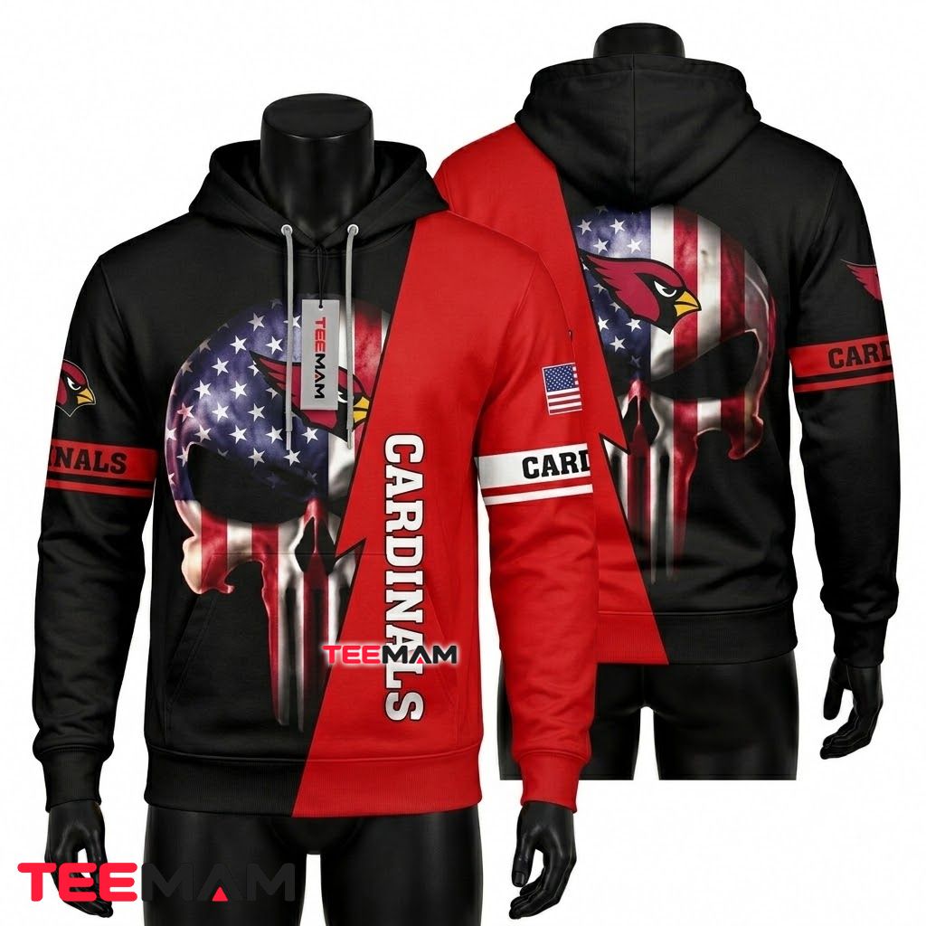 Arizona Cardinals 3D Hoodie Punisher Skull Flag Split Front