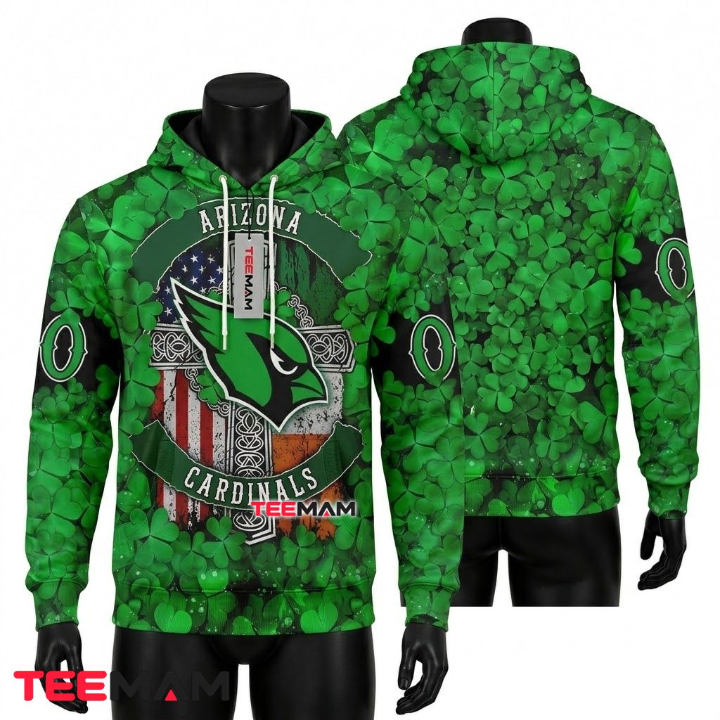 Arizona Cardinals 3D Hoodie St Patrick Day Shamrock Celtic Cross Front