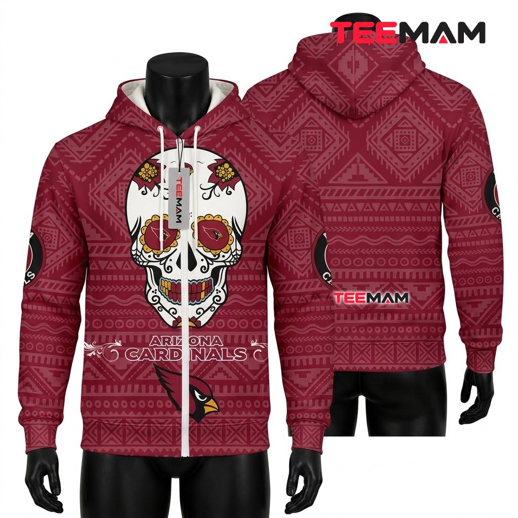 Arizona Cardinals 3D Hoodie Sugar Skull Dia De Los Muertos Front