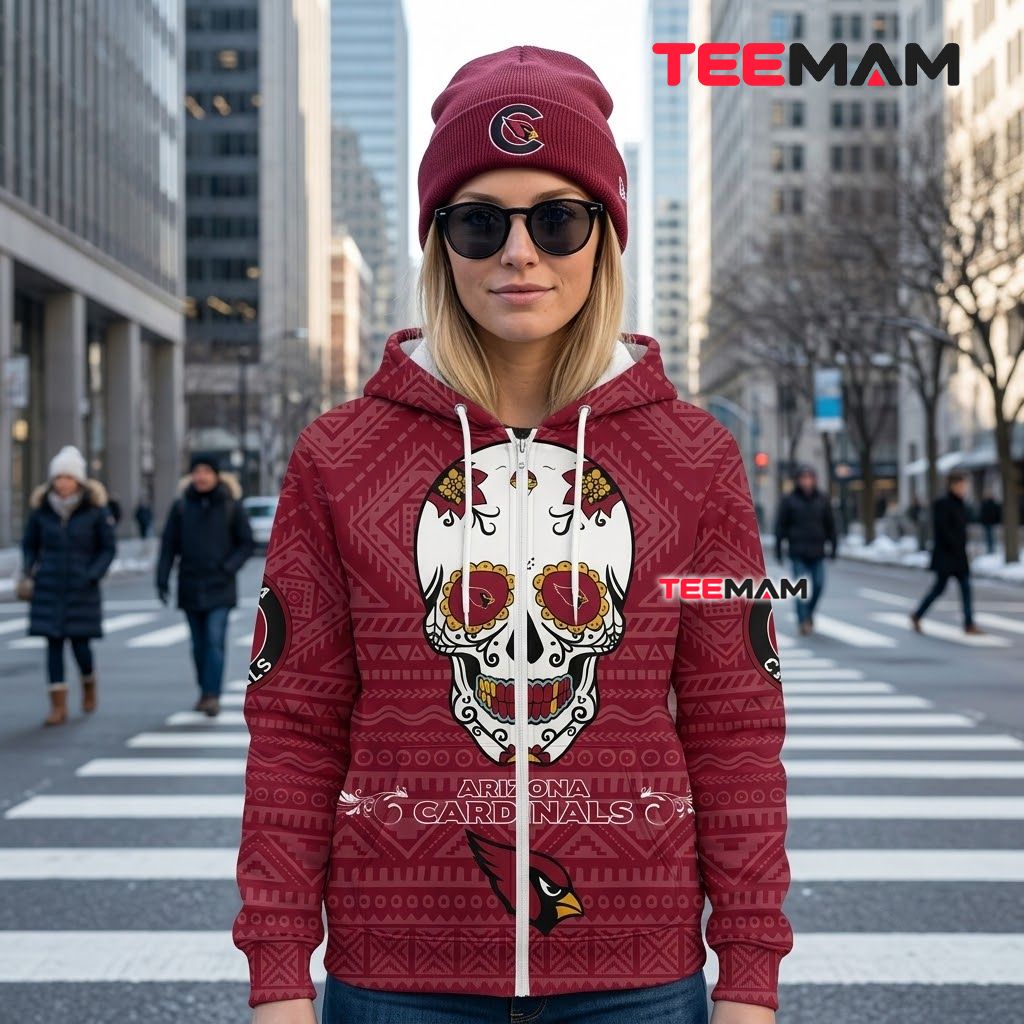 Arizona Cardinals 3D Hoodie Sugar Skull Dia De Los Muertos Back Arizona Cardinals 3D Hoodie Sugar Skull Dia De Los Muertos Back