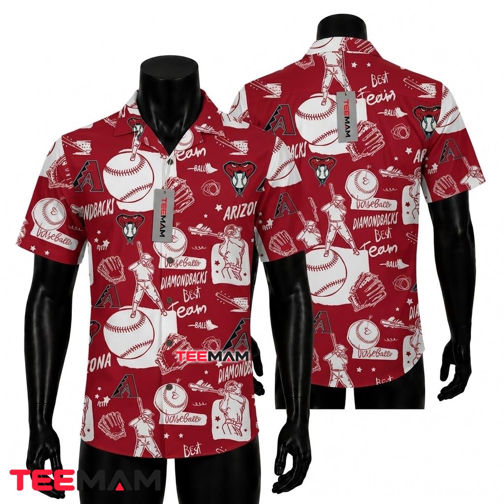 Arizona Diamondbacks Hawaiian Shirt Baseball Doodle Player Red Front