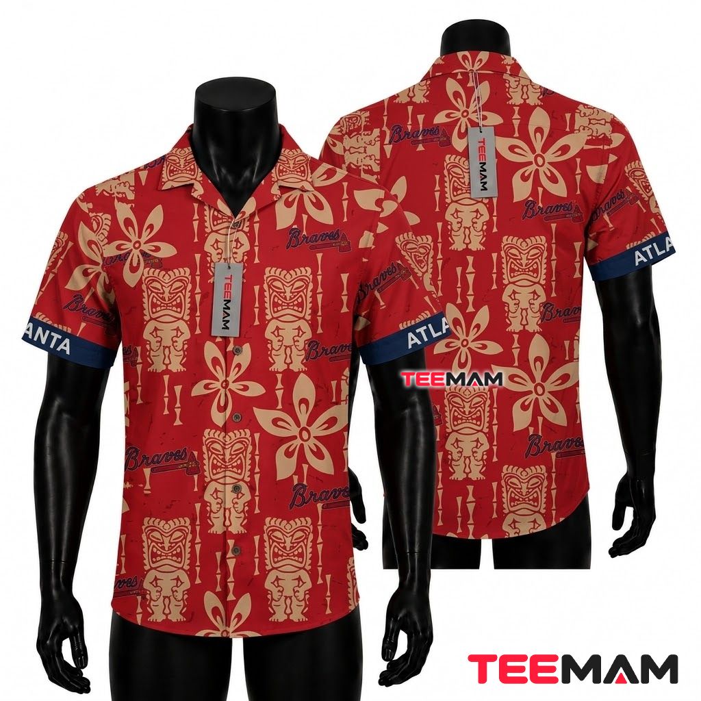 Atlanta Braves Aloha Shirt Tiki Red Front