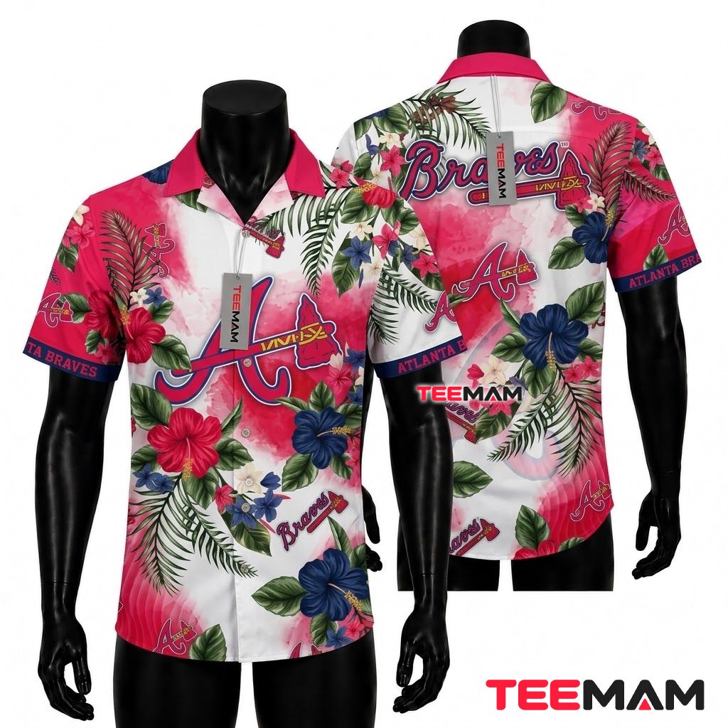 Atlanta Braves Hawaiian Shirt Pink Hibiscus Front