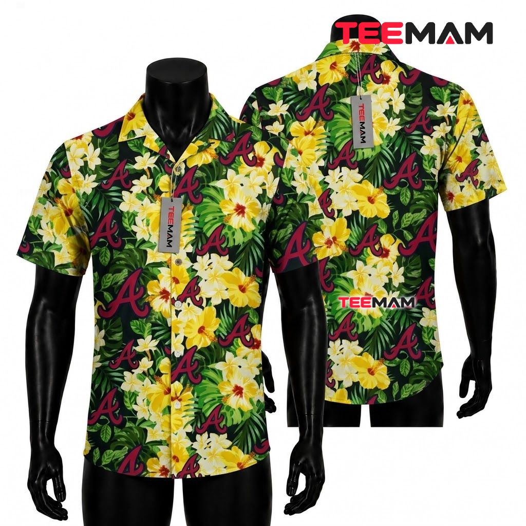 Atlanta Braves Hawaiian Shirt Yellow Hibiscus Front
