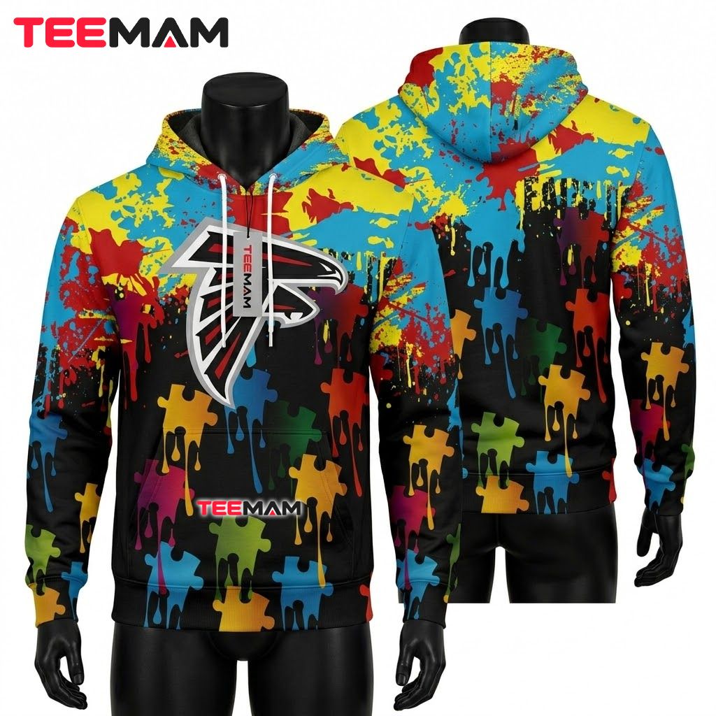 Atlanta Falcons 3D Hoodie Autism Awareness Puzzle Piece Drip Front