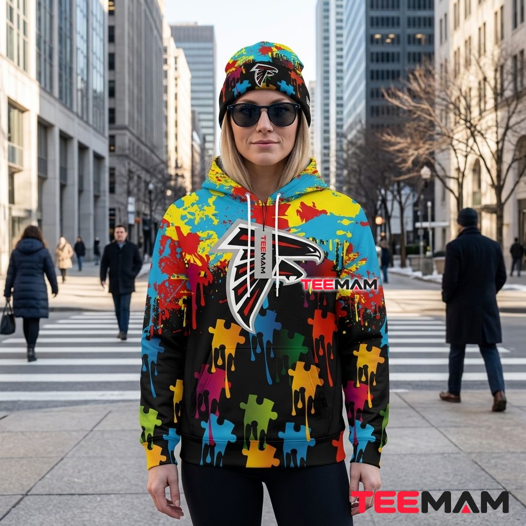 Atlanta Falcons 3D Hoodie Autism Awareness Puzzle Piece Drip Back Atlanta Falcons 3D Hoodie Autism Awareness Puzzle Piece Drip Back