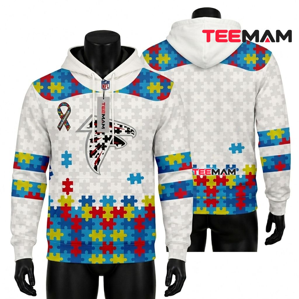 Atlanta Falcons 3D Hoodie Autism Awareness White Jersey Front