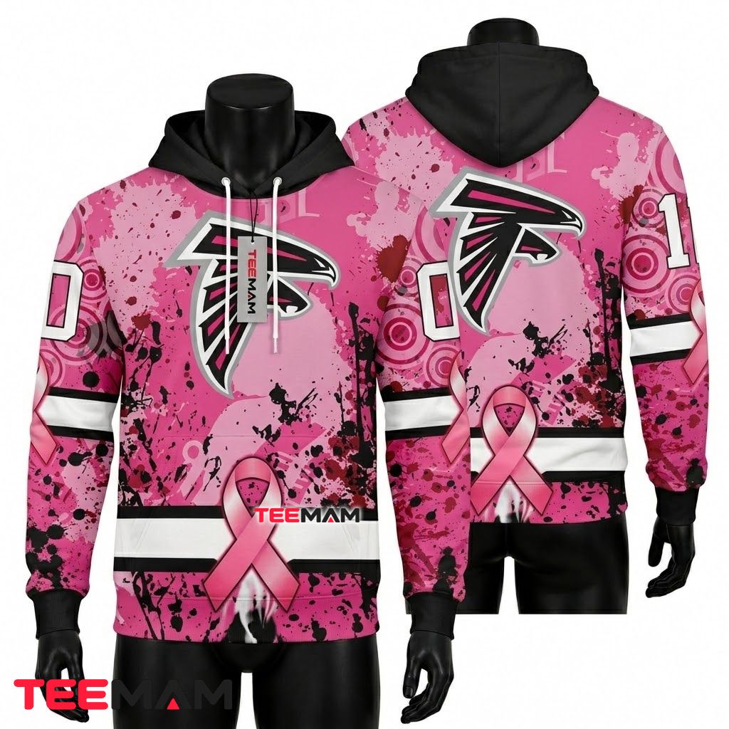 Atlanta Falcons 3D Hoodie Breast Cancer Awareness Ribbon Splatter Front