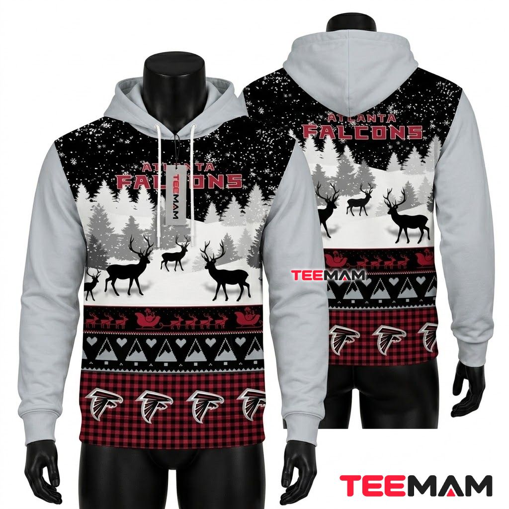 Atlanta Falcons 3D Hoodie Reindeer Forest Buffalo Plaid Front
