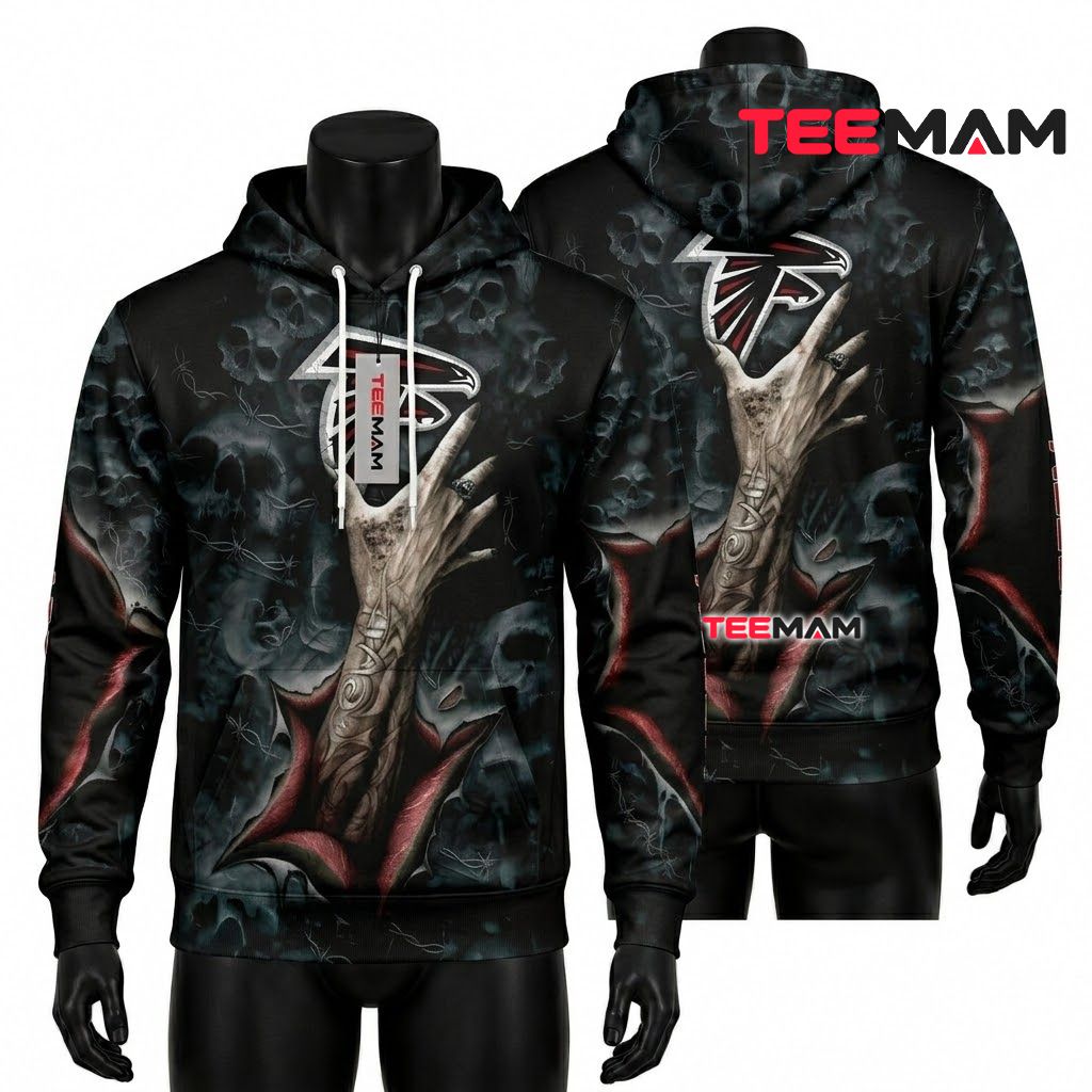 Atlanta Falcons 3D Hoodie Rock Hand Tattoo Skull Fog Front