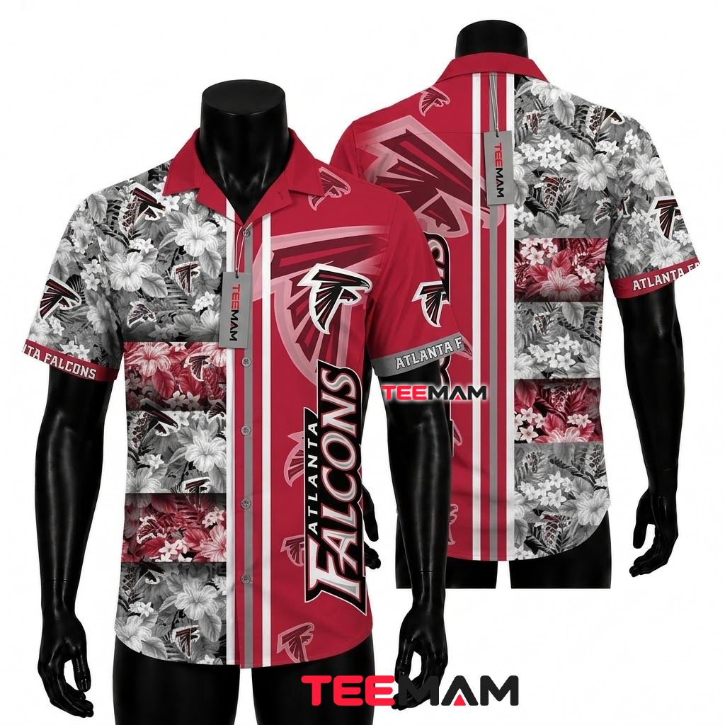 Atlanta Falcons Aloha Shirt Grayscale Floral Front