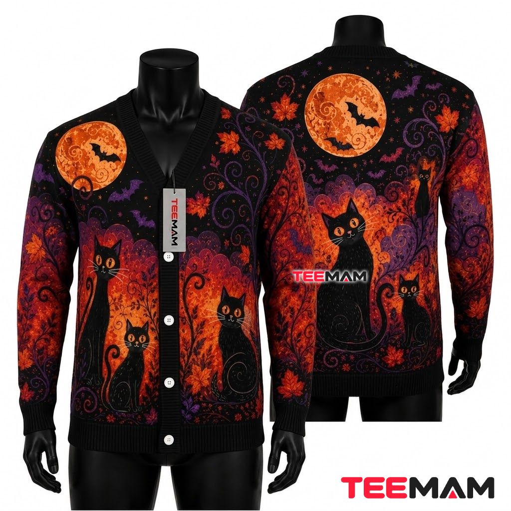 Autumn Halloween Cardigan Black Cat Moon 1