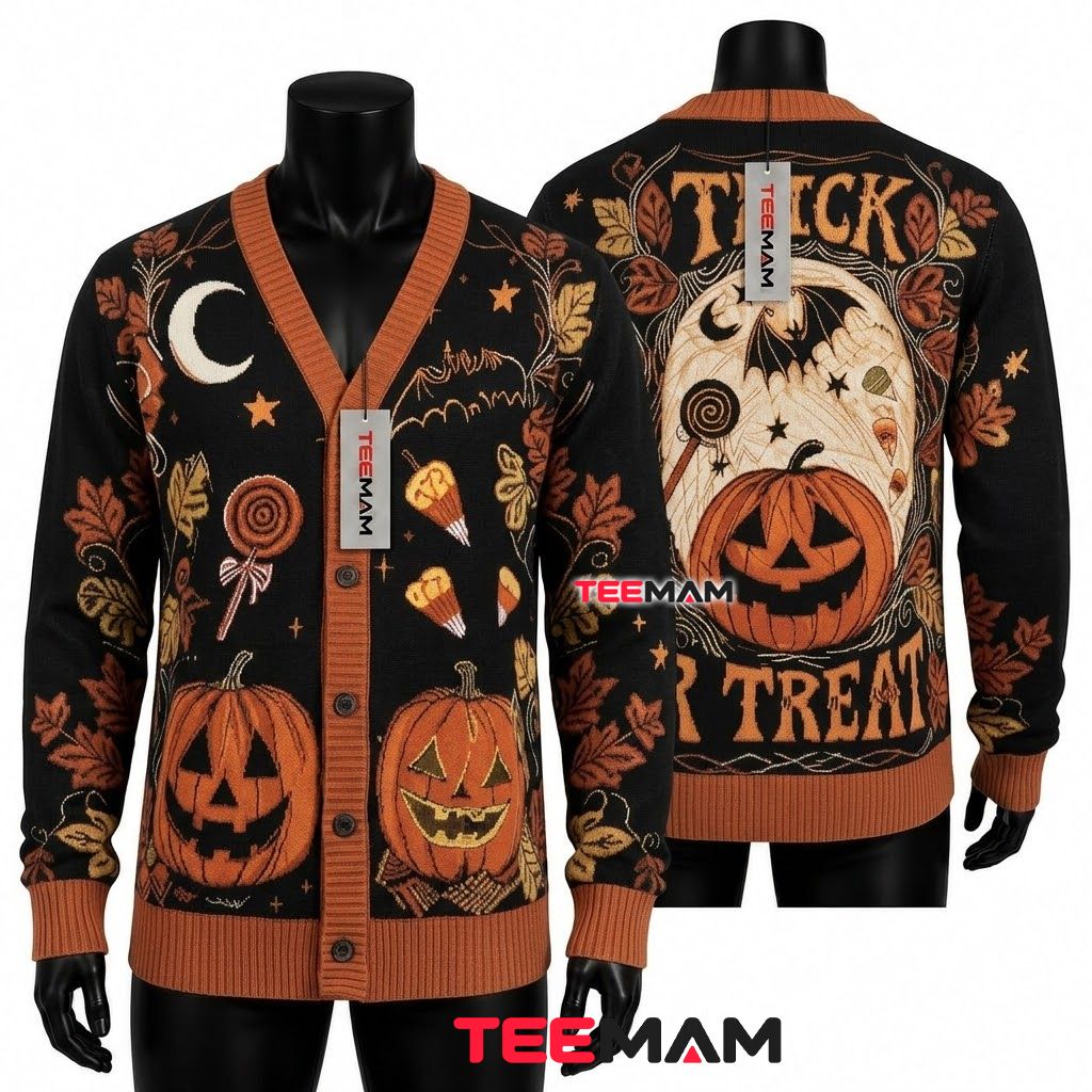 Bat Halloween Cardigan Pumpkin Candy Corn 1