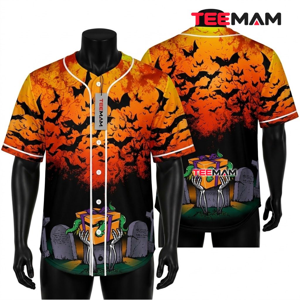 Bat Swarm Halloween Baseball Jersey Skeleton Hand Graveyard 1