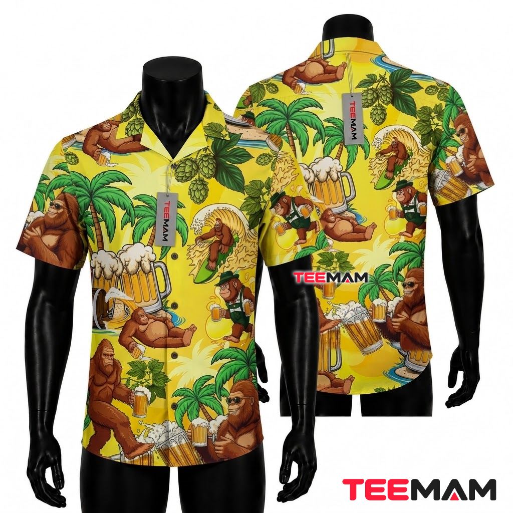 Beer Hawaiian Shirt Bigfoot Surfing Yellow Front