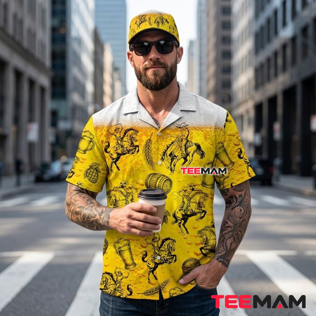 Beer Hawaiian Shirt Cowboy Rodeo Horse Foam Back Beer Hawaiian Shirt Cowboy Rodeo Horse Foam Back