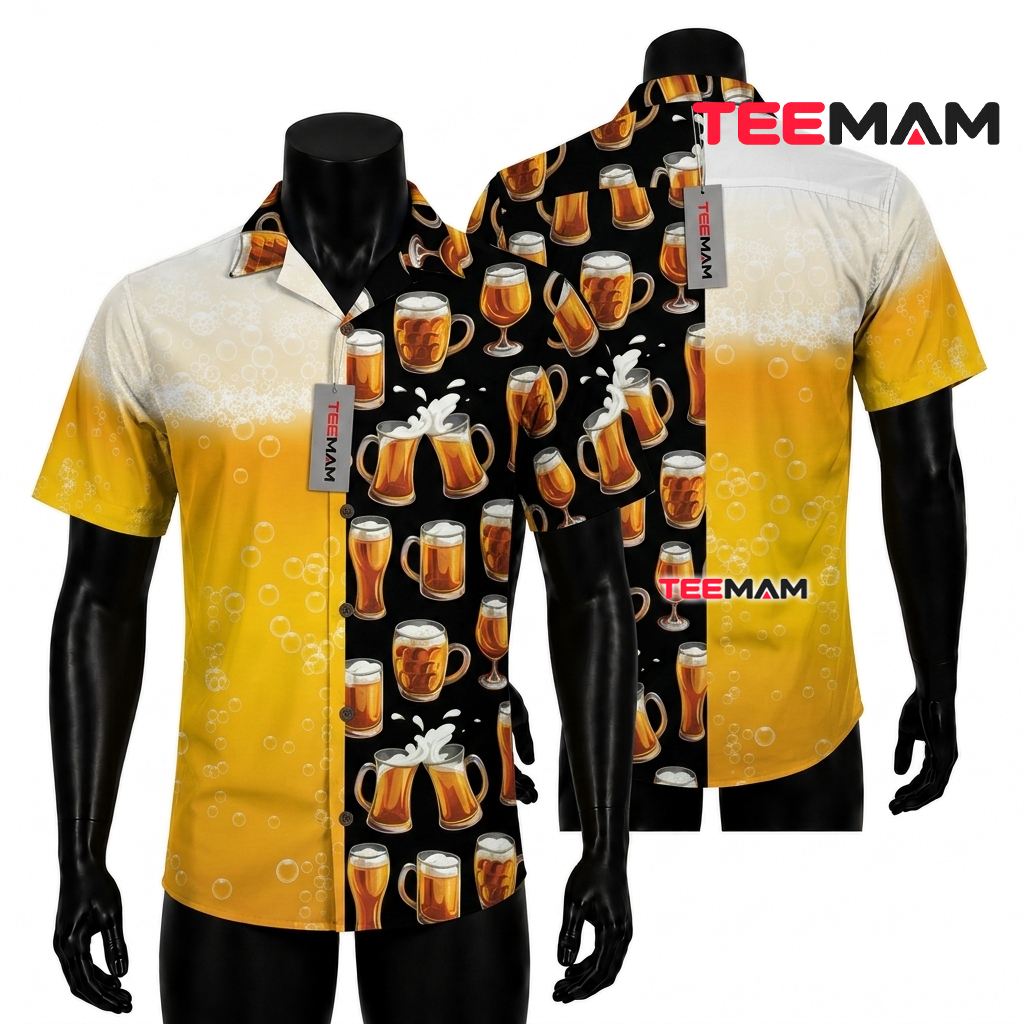 Beer Hawaiian Shirt Half Bubble Black Yellow Front